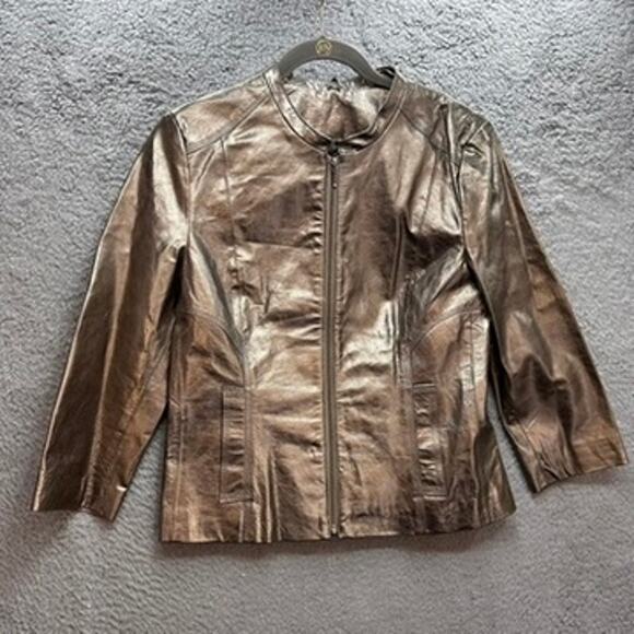 Boston Proper Women's Size 12 Leather Metallic Jacket Lined Crop Gold Evening - Picture 2 of 8